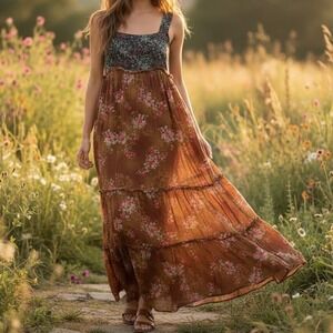 Natural Life Maxi Dress Floral Print Brown Rayon Tiered Boho Festival Size L